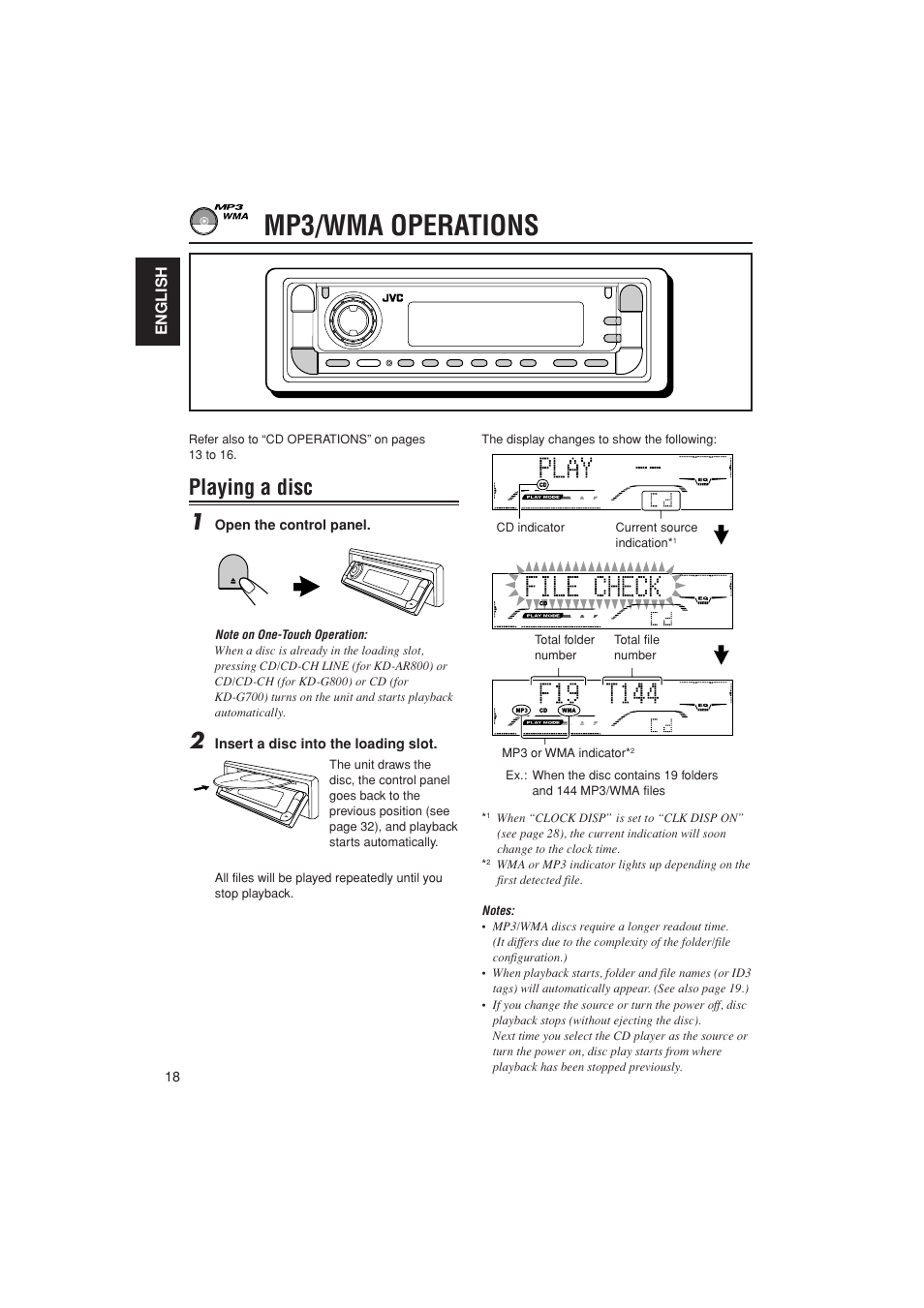 Mp3 / wma operations, Loading / playing a disc, Mp3/wma operations | Playing a disc 1 | JVC KD-G700 User Manual | Page 18 / 66