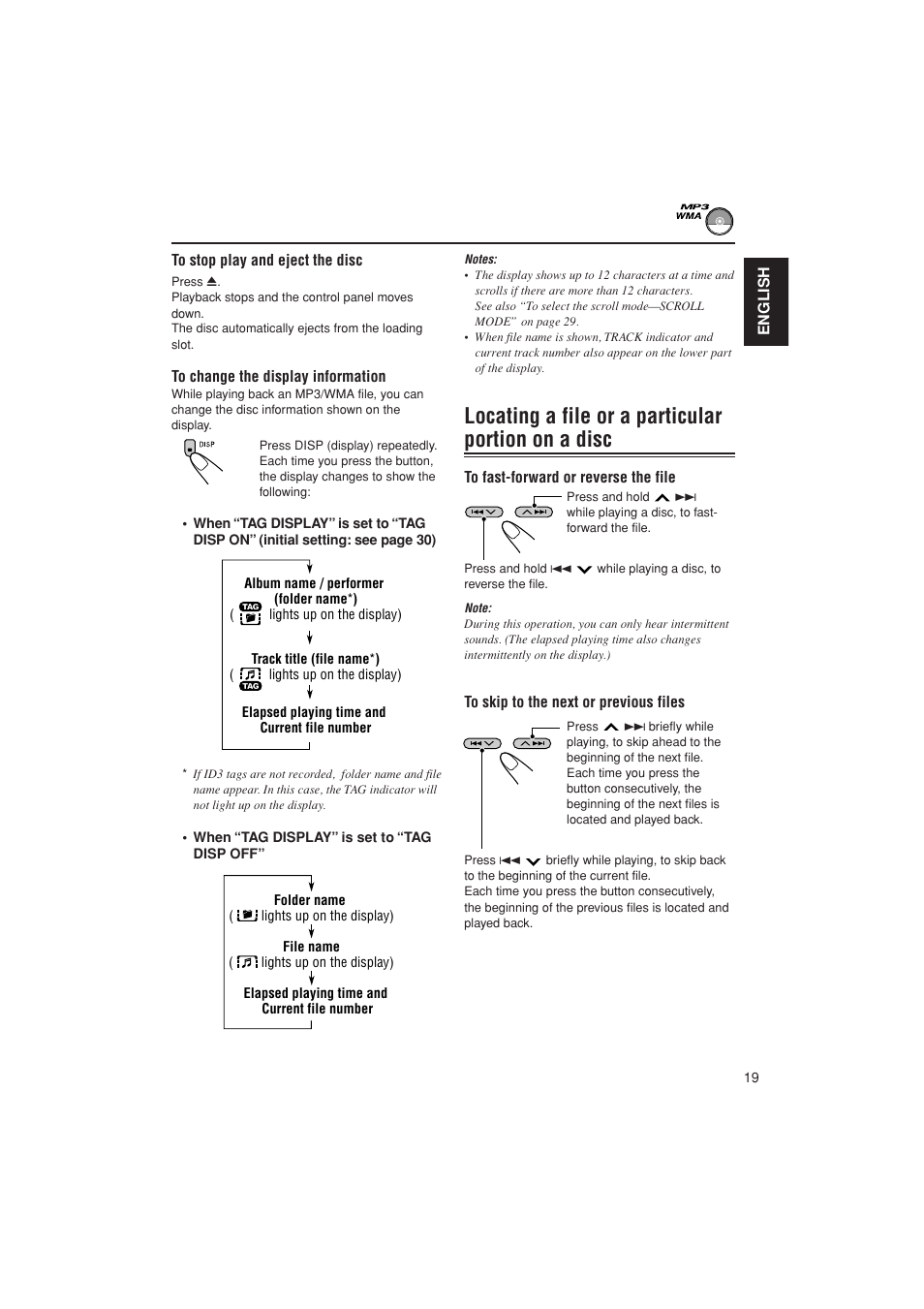 Eject, Display info, Fast forward / reversefast forward / reverse | Previous / next file, Locating a file or a particular portion on a disc | JVC KD-G700 User Manual | Page 19 / 66