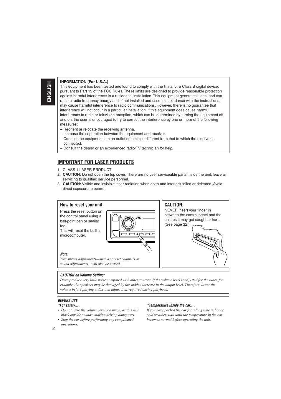 Reset, Important for laser products | JVC KD-G700 User Manual | Page 2 / 66