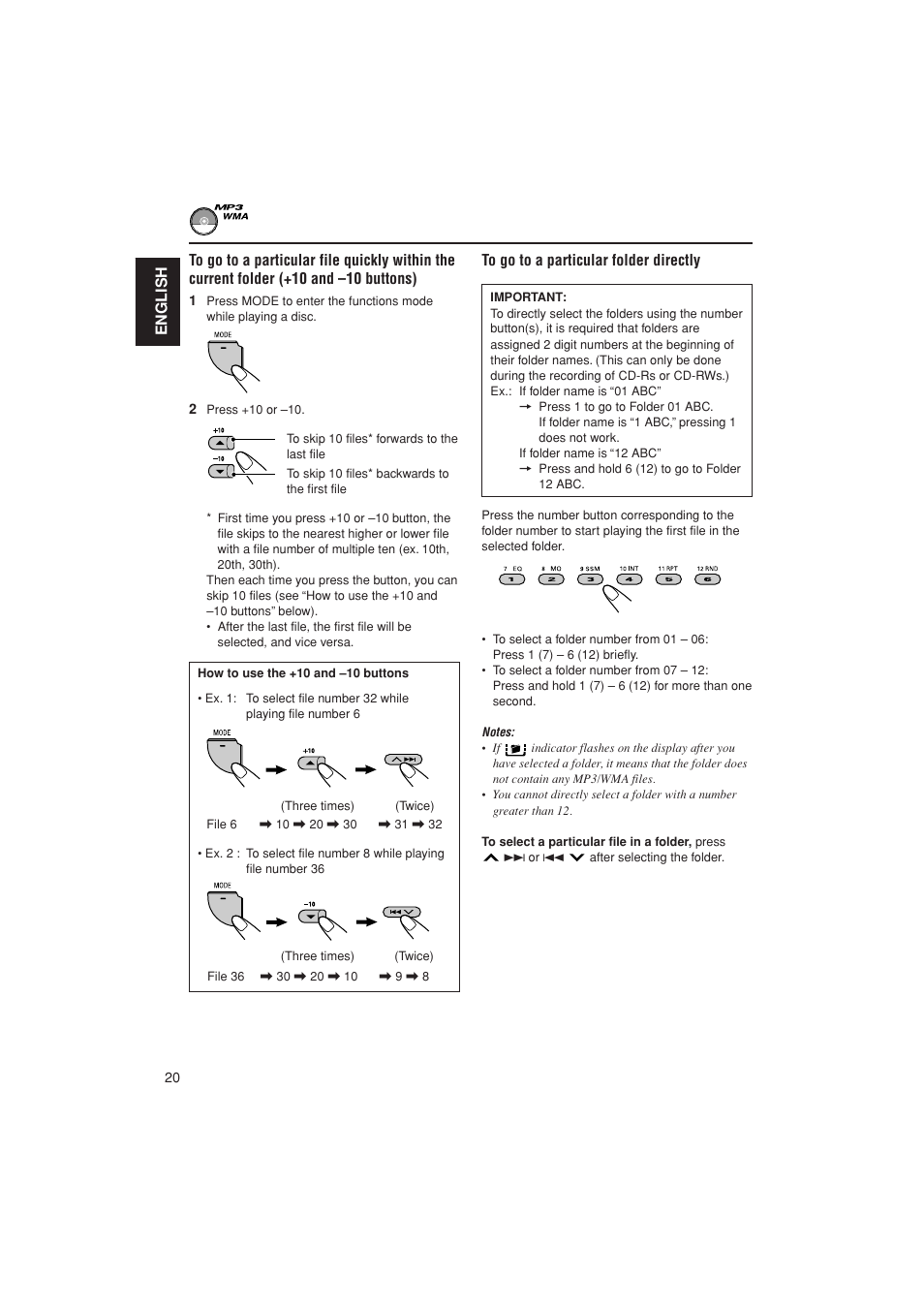 10 / -10 file search, Folder select, English | JVC KD-G700 User Manual | Page 20 / 66