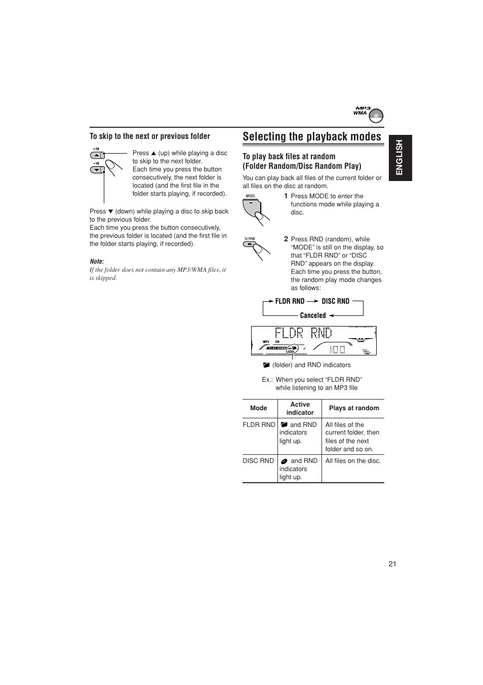 Previous / next folder, Folder / disc random, Selecting the playback modes | JVC KD-G700 User Manual | Page 21 / 66