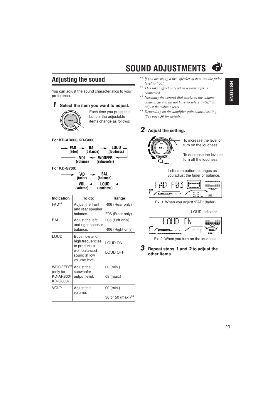 Sound adjustments, Selecting item to adjust, Adjusting the item | Adjusting the sound | JVC KD-G700 User Manual | Page 23 / 66