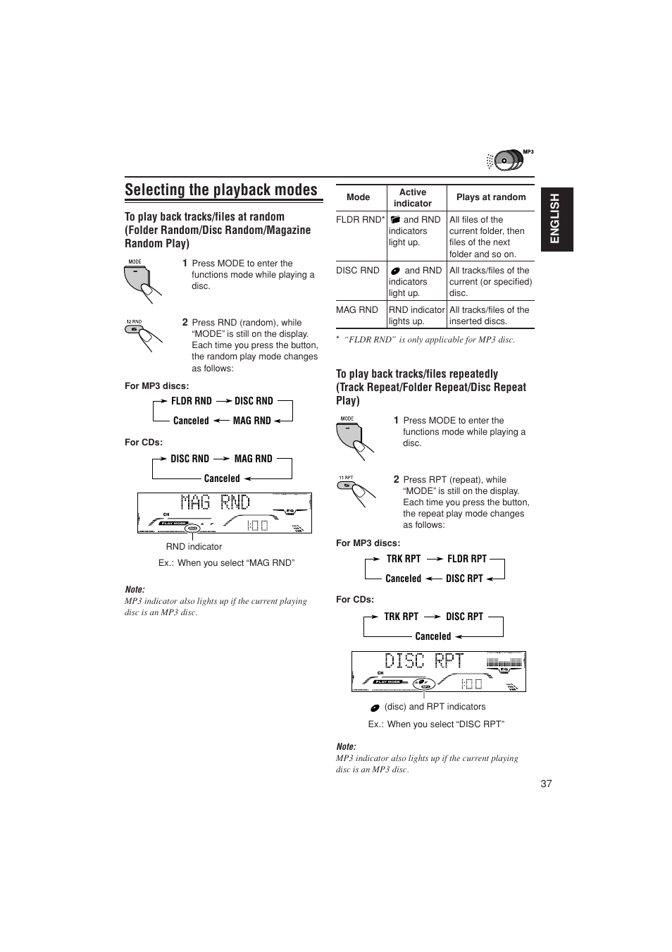 Playback modes, Selecting the playback modes | JVC KD-G700 User Manual | Page 37 / 66