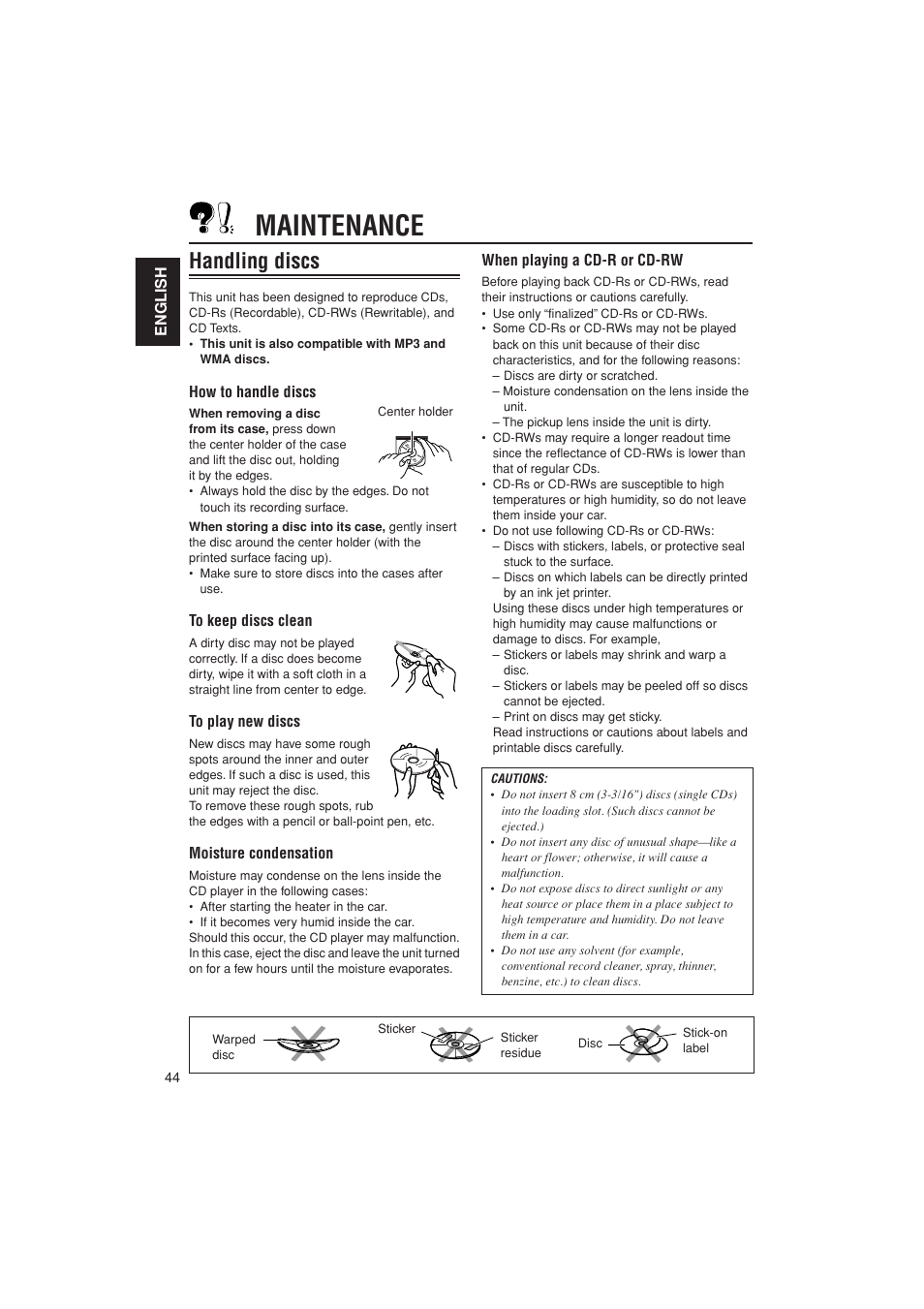 Maintenance, Handling discs | JVC KD-G700 User Manual | Page 44 / 66