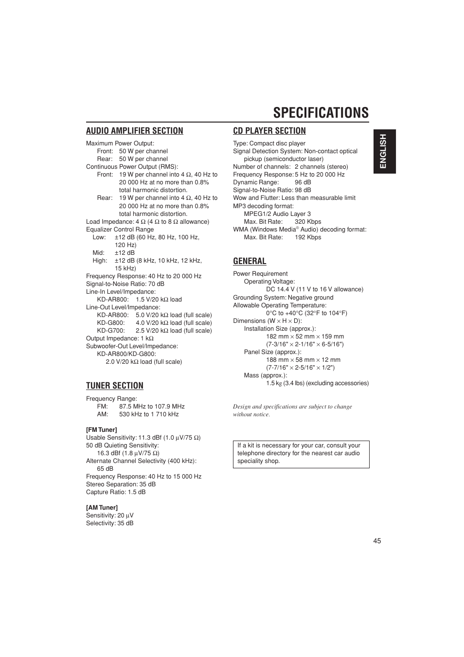 Specs, Specifications, General | English | JVC KD-G700 User Manual | Page 45 / 66