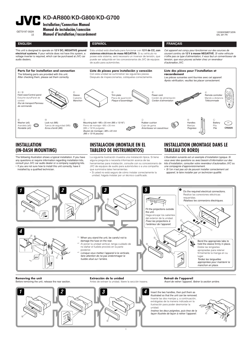 Installation guide, Parts list, Din mount | Removing unit / trim ring, Installation (in-dash mounting), Installation (montage dans le tableau de bord) | JVC KD-G700 User Manual | Page 49 / 66