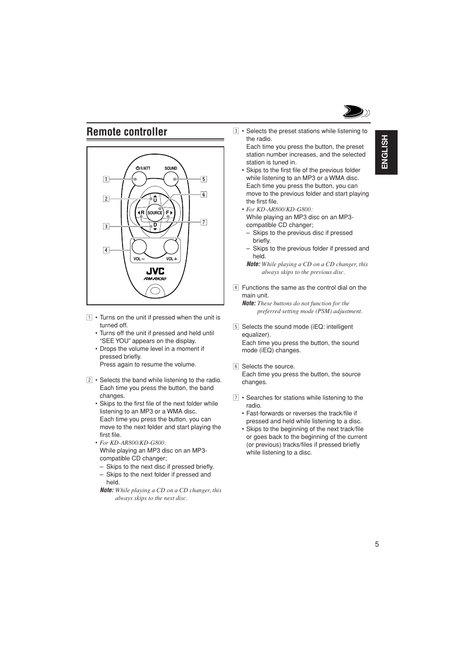 Remote, Remote controller, English | JVC KD-G700 User Manual | Page 5 / 66