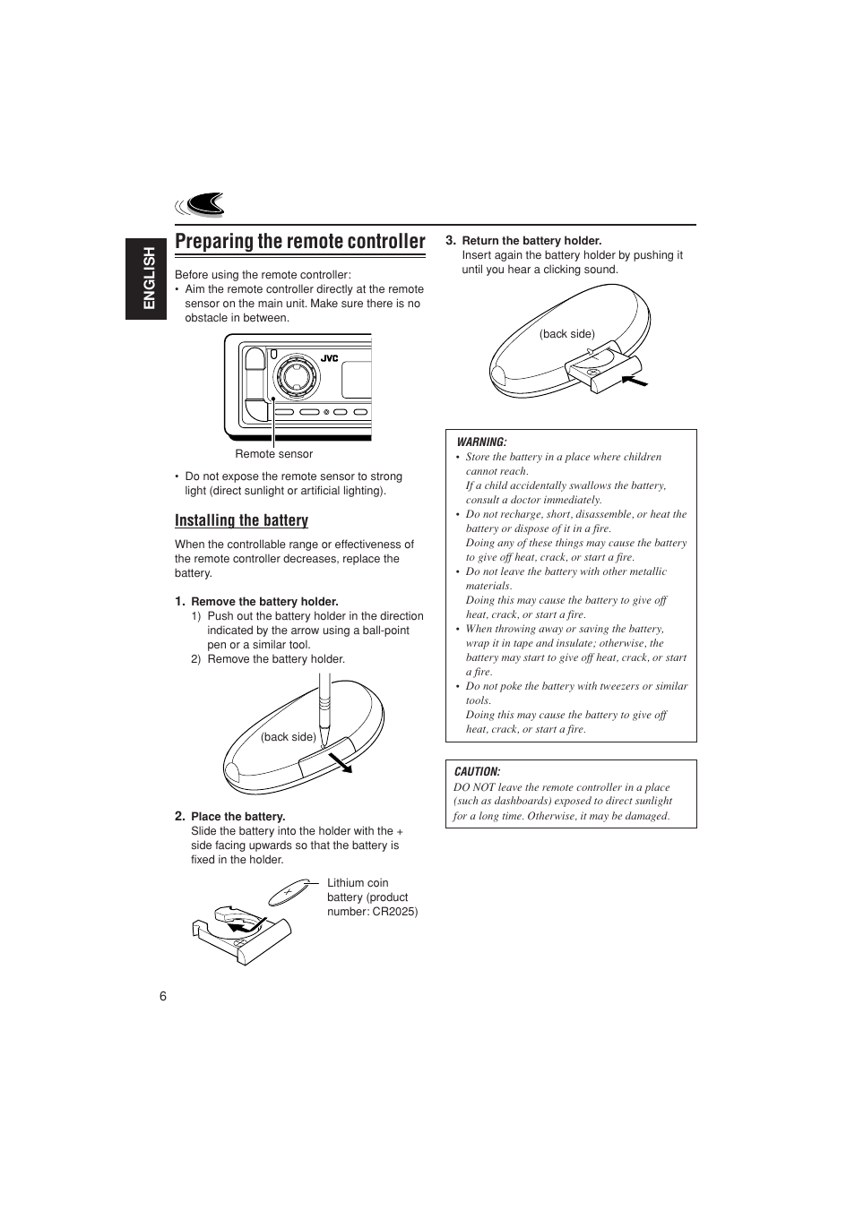 Installing battery, Preparing the remote controller, Installing the battery | JVC KD-G700 User Manual | Page 6 / 66