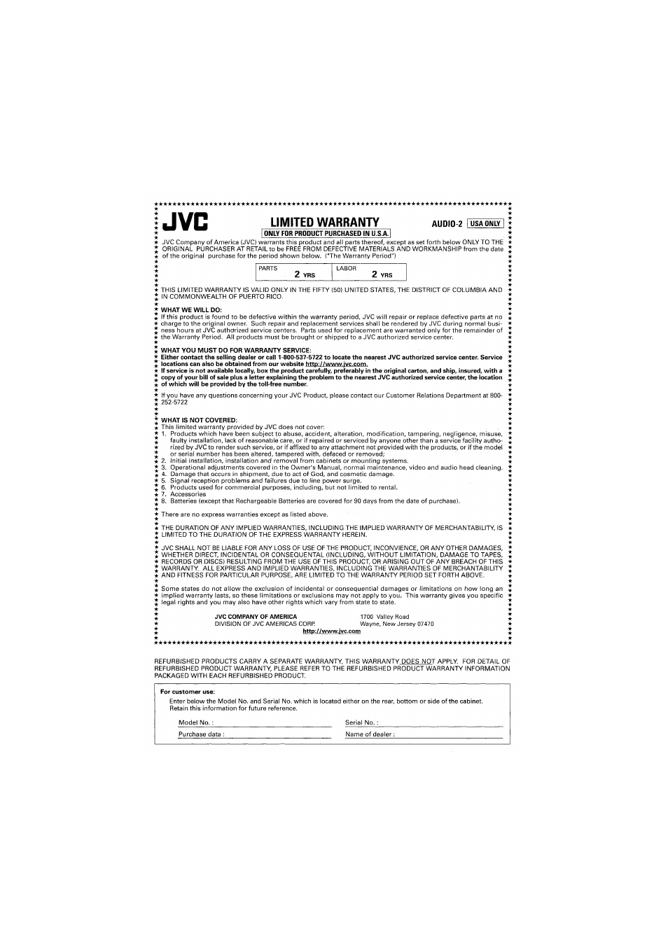 Warranty | JVC KD-G700 User Manual | Page 66 / 66