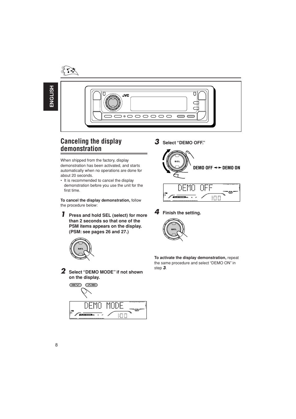 Cancelling demo mode, Canceling the display demonstration | JVC KD-G700 User Manual | Page 8 / 66