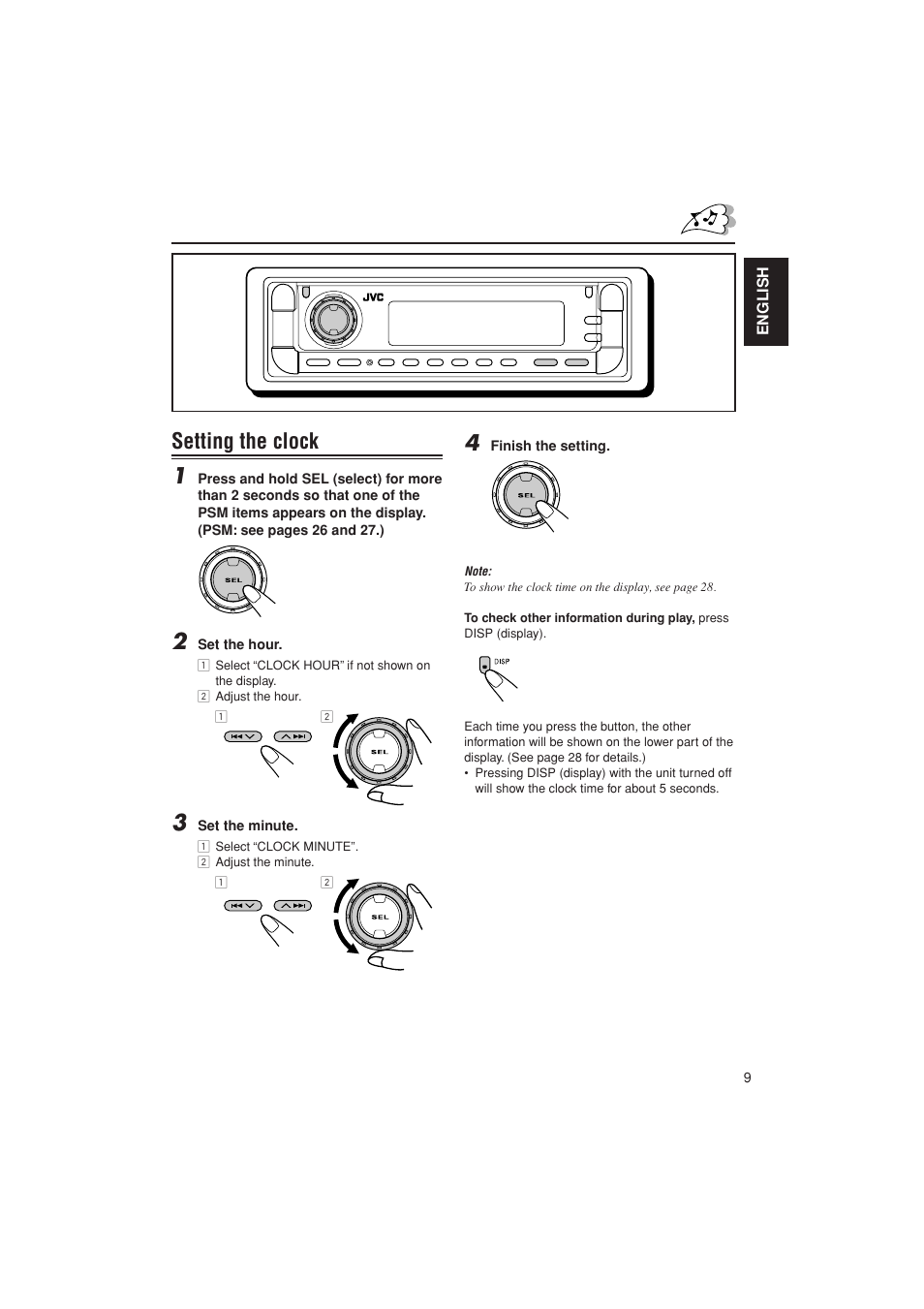 Clock set, Setting the clock 1 | JVC KD-G700 User Manual | Page 9 / 66