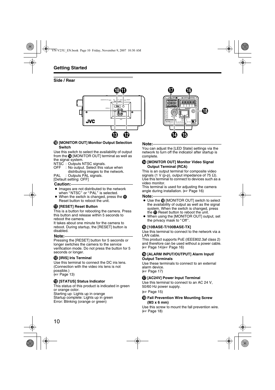 Side / rear, Back, Getting started | Side / rear j, Caution | JVC VN-V25U User Manual | Page 10 / 40