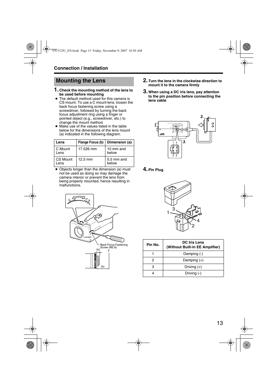 Connection / installation, Mounting the lens | JVC VN-V25U User Manual | Page 13 / 40