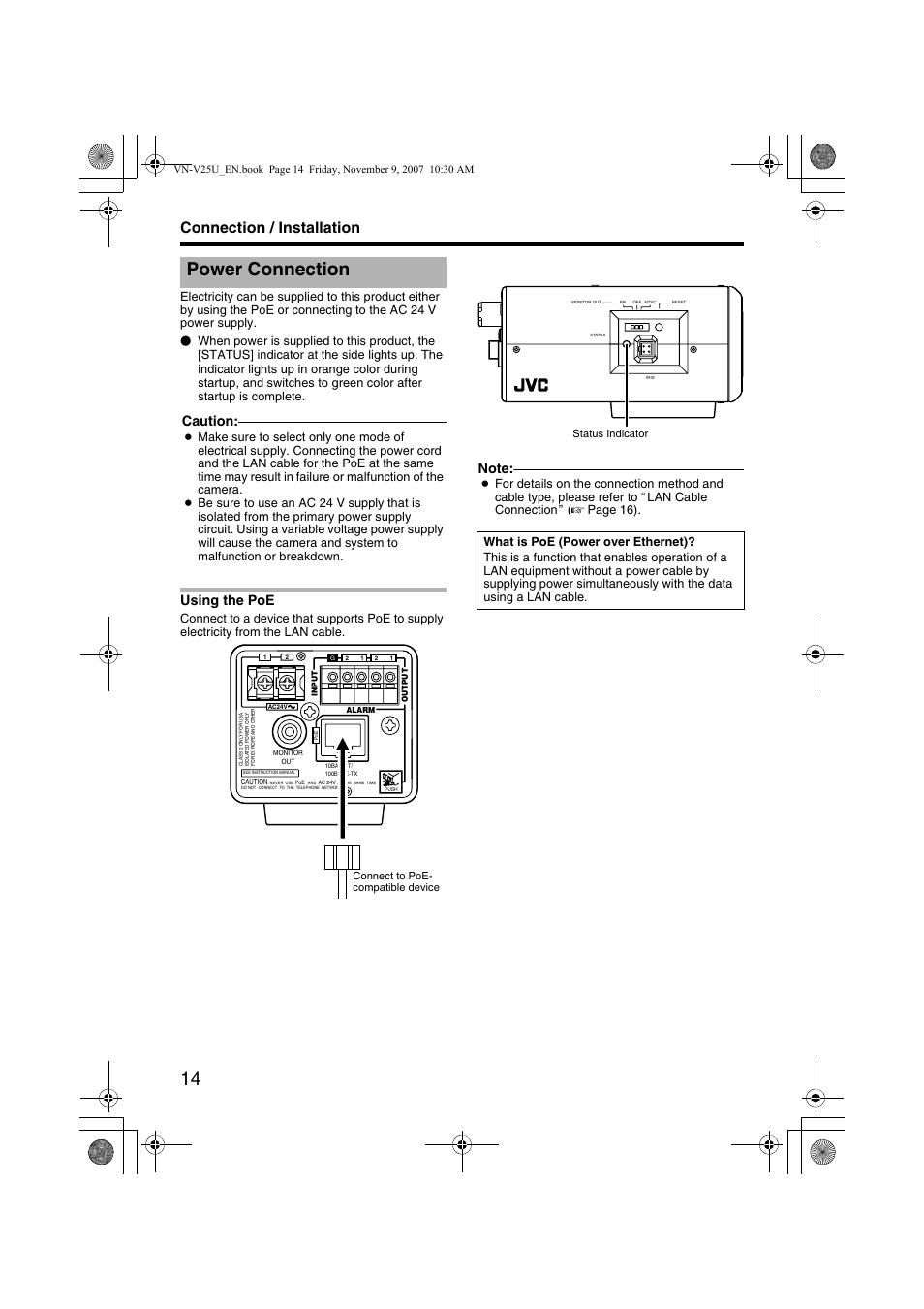 Power connection, Using the poe, Connection / installation | Caution | JVC VN-V25U User Manual | Page 14 / 40