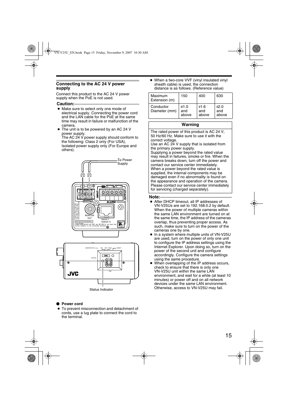 Connecting to the ac 24 v power supply, Connecting to the ac 24 v, Power supply | Caution, Warning | JVC VN-V25U User Manual | Page 15 / 40