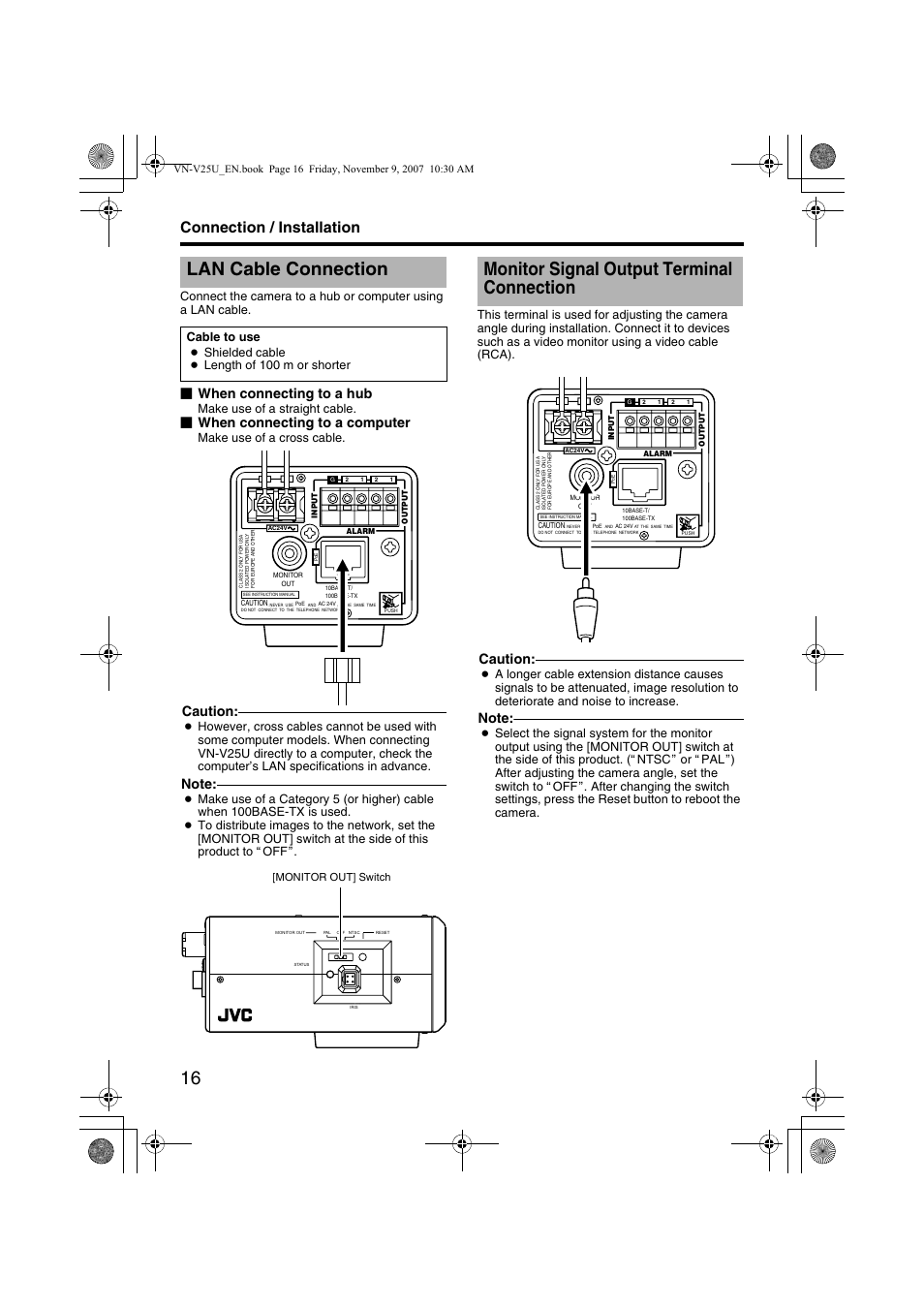 Lan cable connection, Monitor signal output terminal connection, Connection | G installation, Alan cable, Connection / installation, When connecting to a hub, When connecting to a computer, Caution, Make use of a straight cable | JVC VN-V25U User Manual | Page 16 / 40