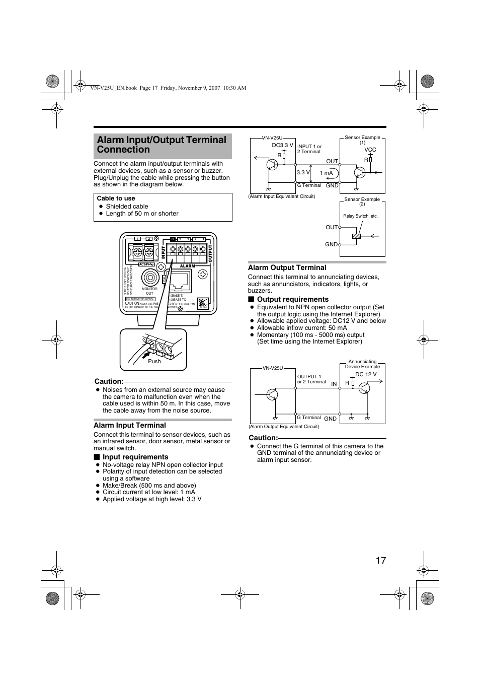 Alarm input/output terminal connection, Alarm input terminal, Alarm output terminal | Alarm input/output terminal, Connection, Alarm input terminal alarm output terminal, Caution, Input requirements, Output requirements | JVC VN-V25U User Manual | Page 17 / 40