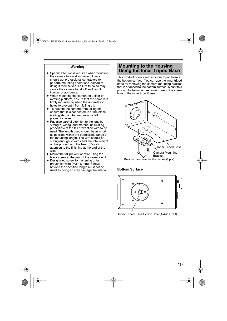 Mounting to the housing using, The inner tripod base | JVC VN-V25U User Manual | Page 19 / 40