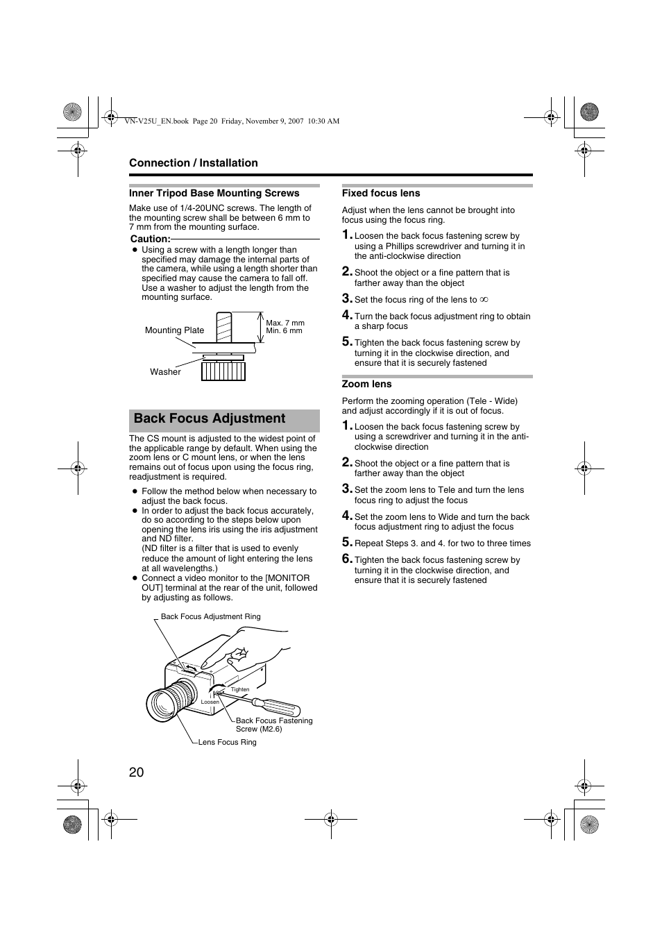 Back focus adjustment | JVC VN-V25U User Manual | Page 20 / 40
