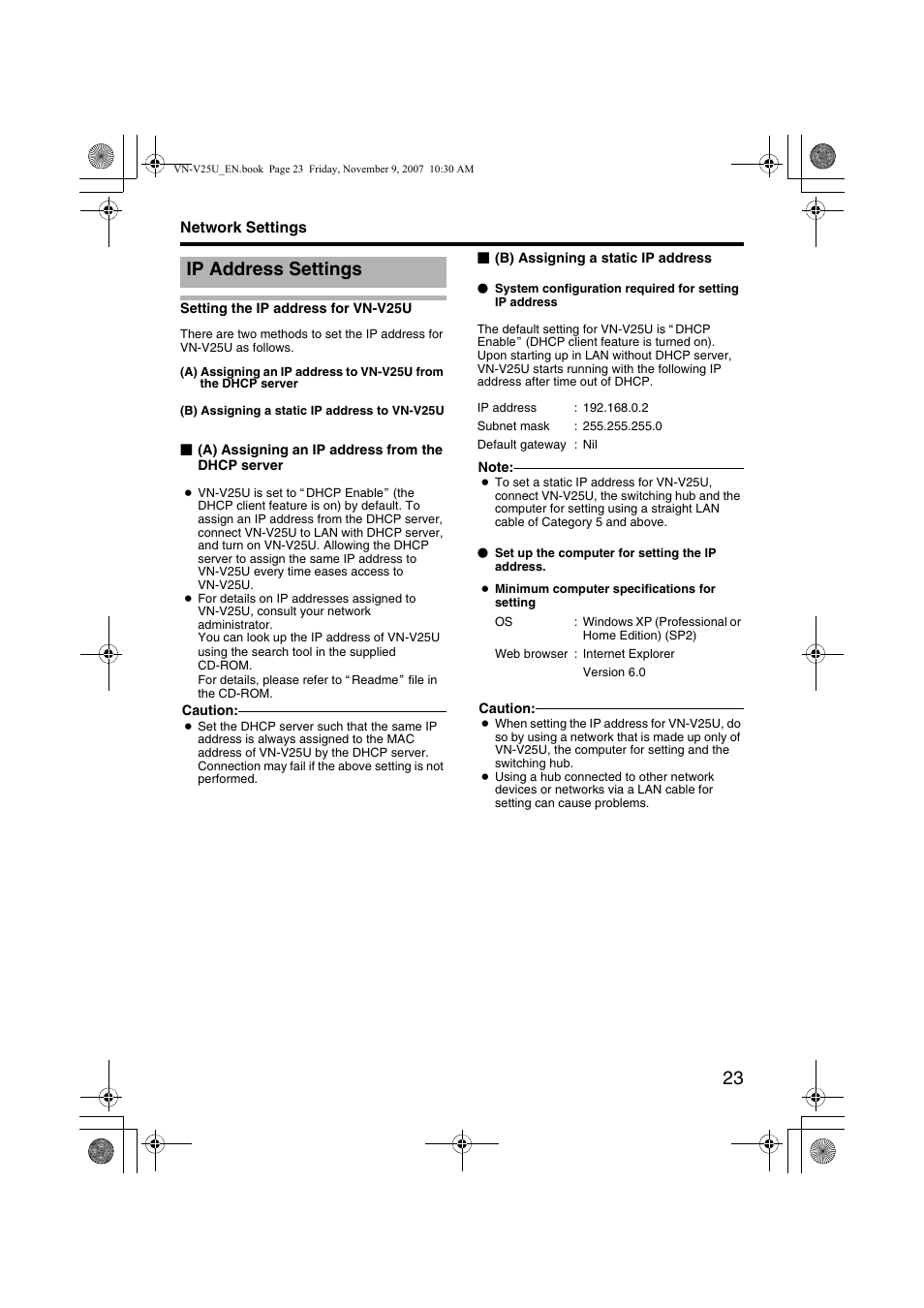 Network settings, Ip address settings, Setting the ip address for vn-v25u | Ttings | JVC VN-V25U User Manual | Page 23 / 40