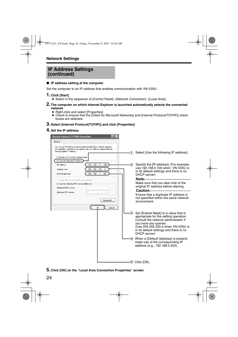 Ip address settings (continued) | JVC VN-V25U User Manual | Page 24 / 40