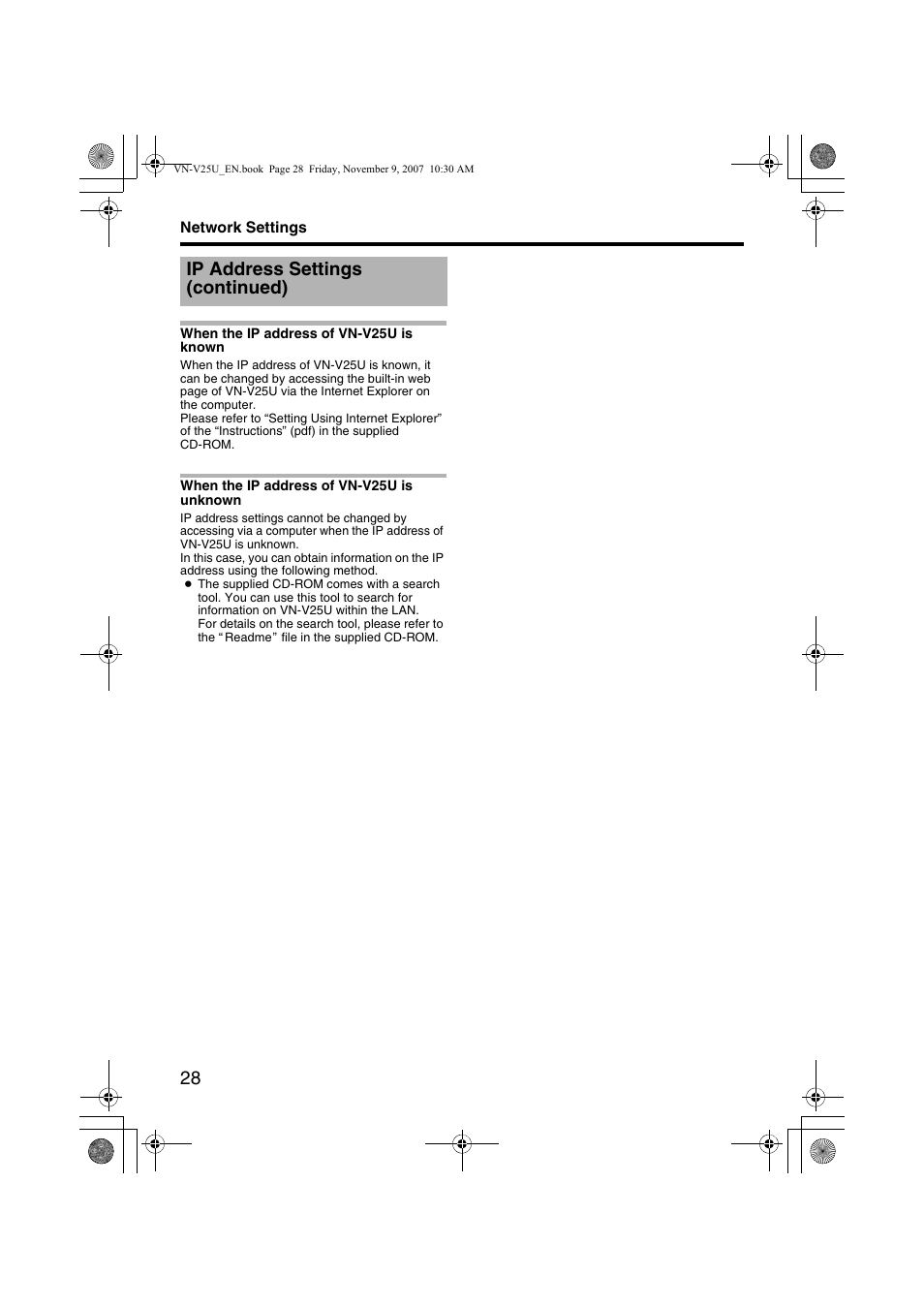 When the ip address of vn-v25u is known, When the ip address of vn-v25u is unknown, When the ip address of vn-v25u | Is known, Is unknown, Ip address settings (continued) | JVC VN-V25U User Manual | Page 28 / 40