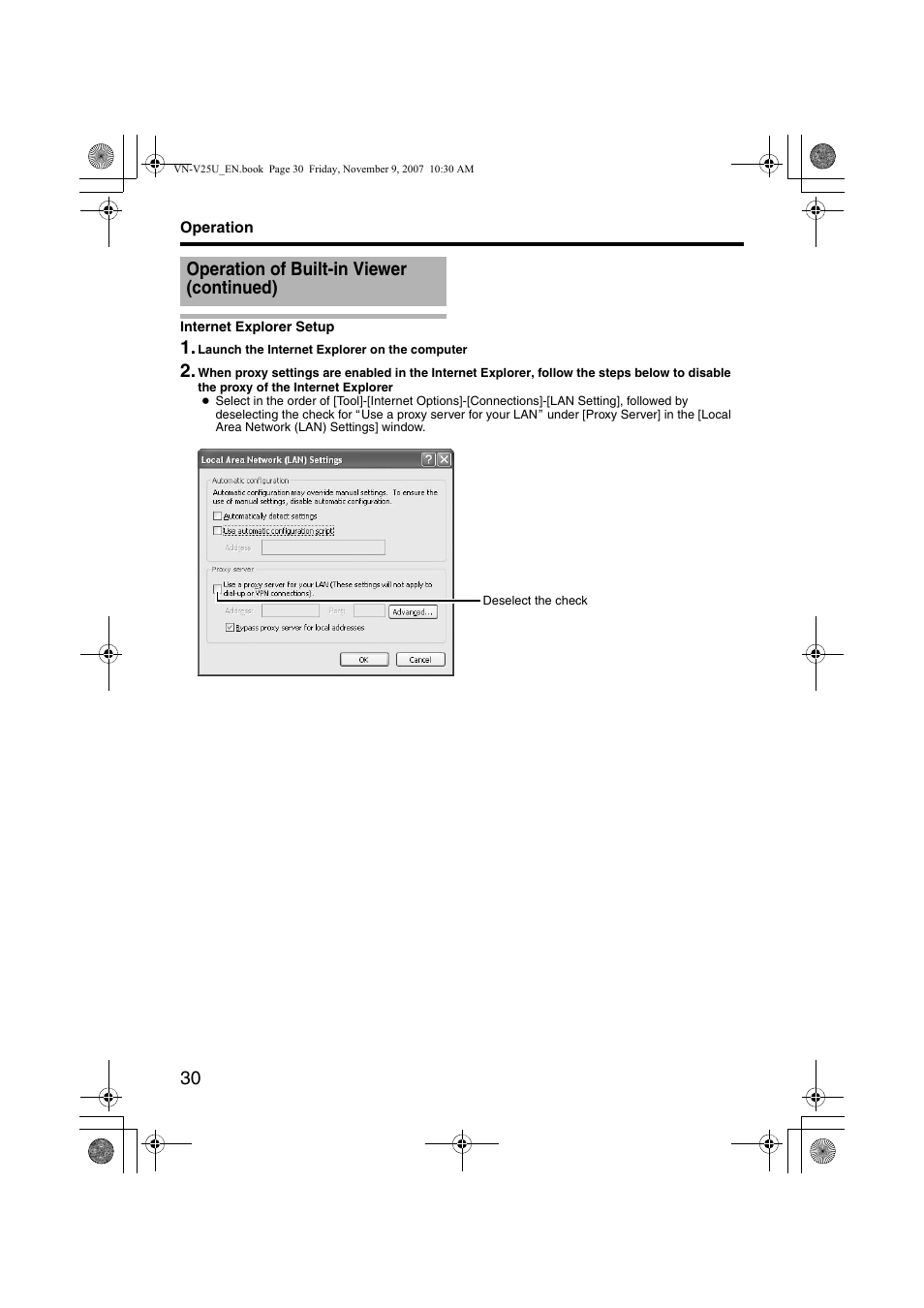 Internet explorer setup, Operation of built-in viewer (continued) | JVC VN-V25U User Manual | Page 30 / 40