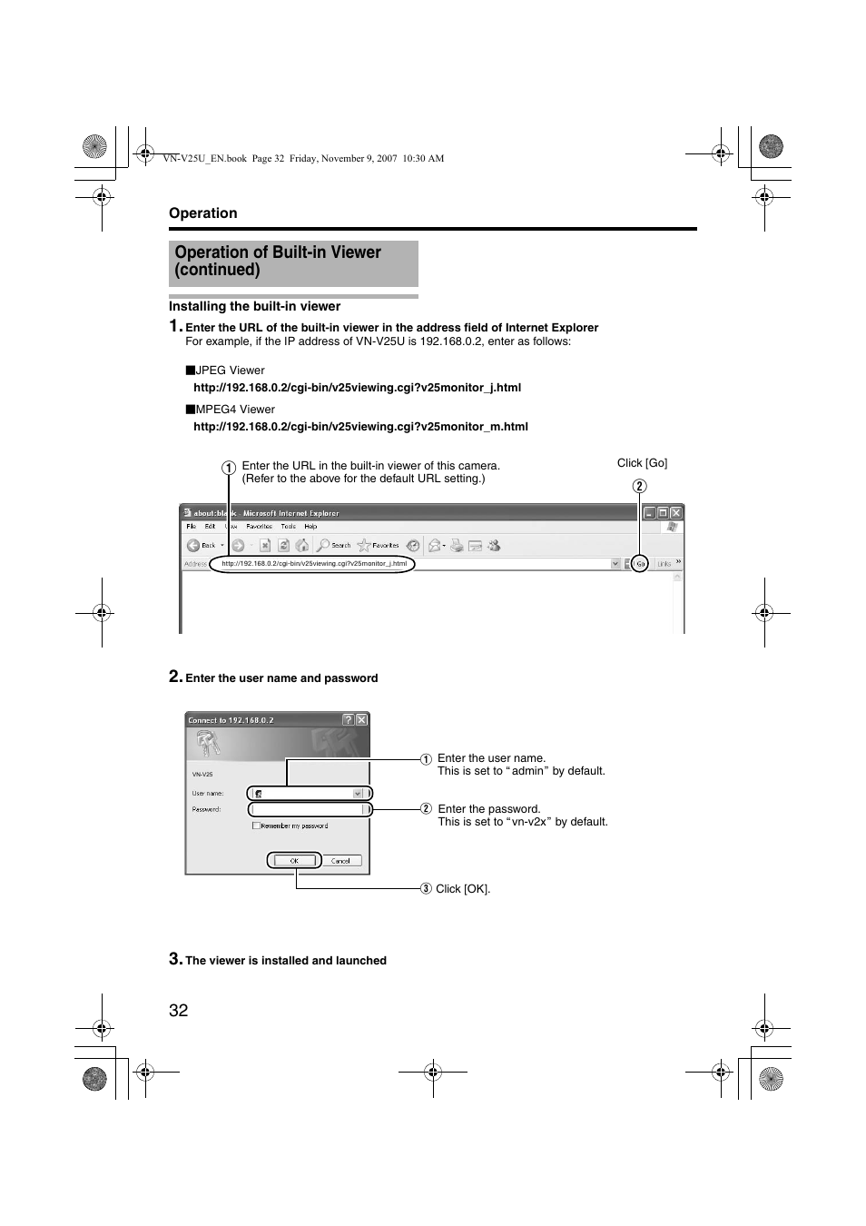 Installing the built-in viewer, Ainstalling the built-in viewerb, Operation of built-in viewer (continued) | JVC VN-V25U User Manual | Page 32 / 40
