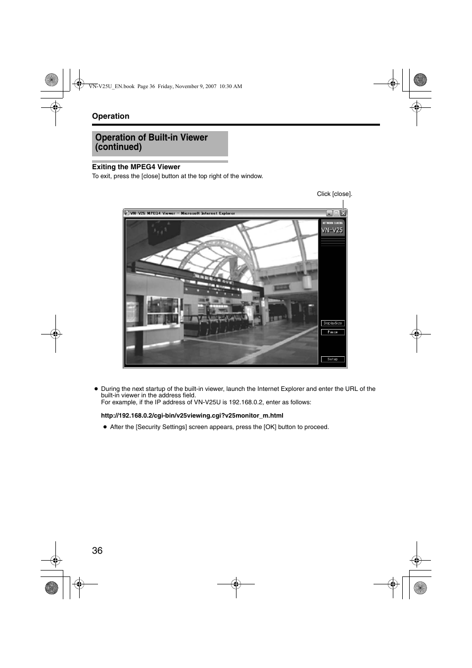 Exiting the mpeg4 viewer, Operation of built-in viewer (continued) | JVC VN-V25U User Manual | Page 36 / 40