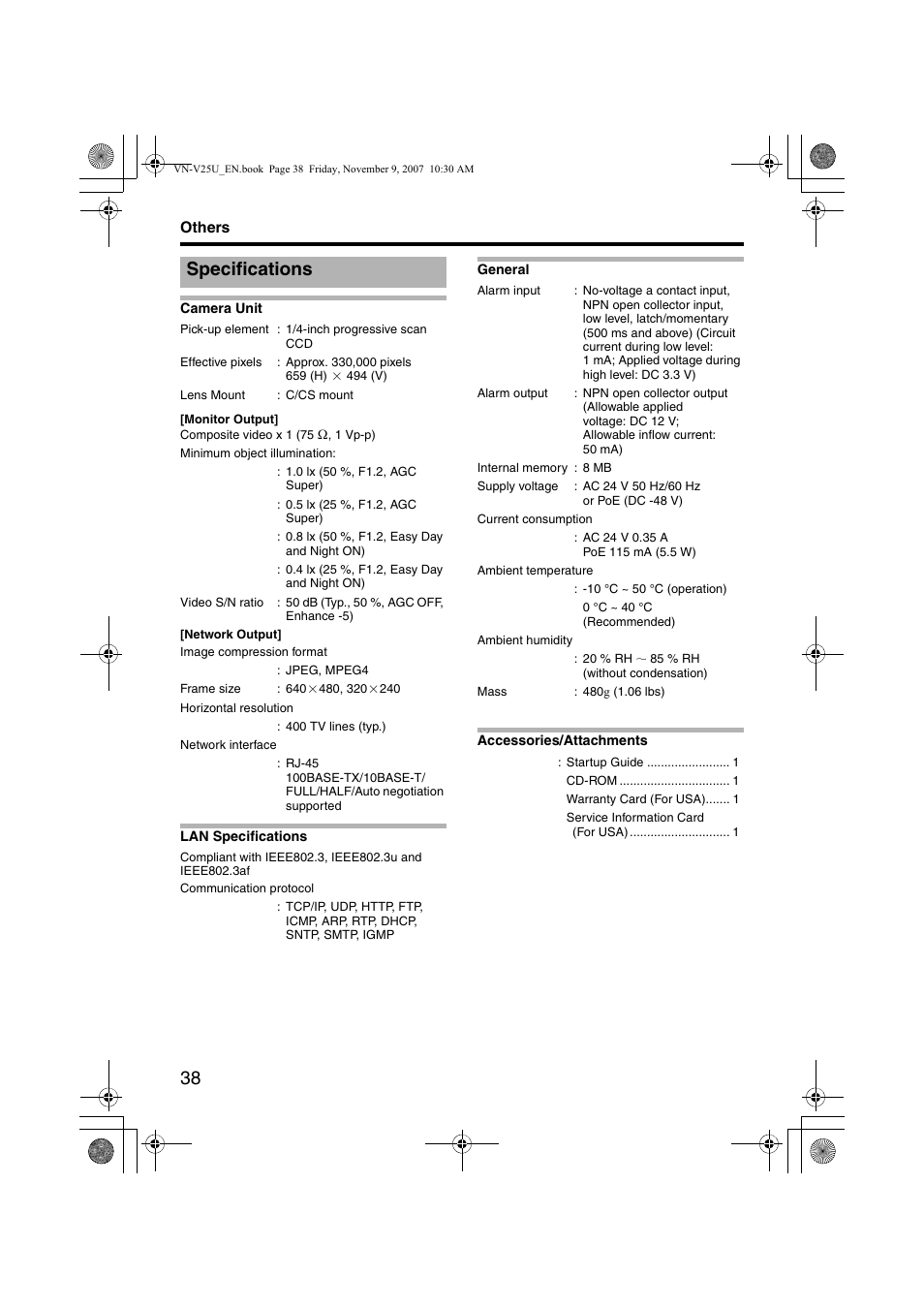 Others, Specifications | JVC VN-V25U User Manual | Page 38 / 40