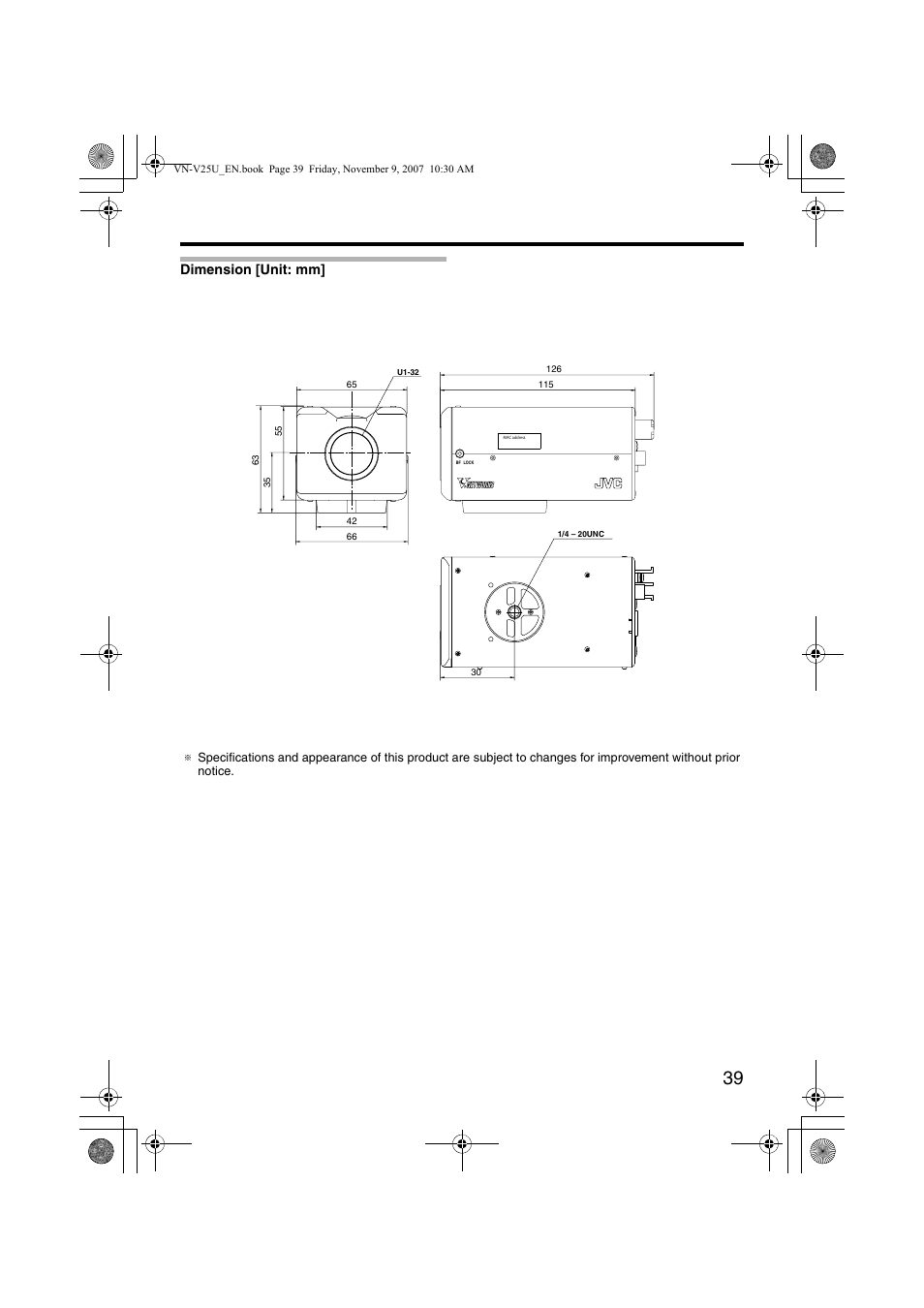 Dimension, Dimension [unit: mm | JVC VN-V25U User Manual | Page 39 / 40