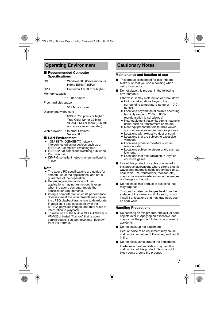 Operating environment, Cautionary notes, Operating environment cautionary notes | JVC VN-V25U User Manual | Page 7 / 40