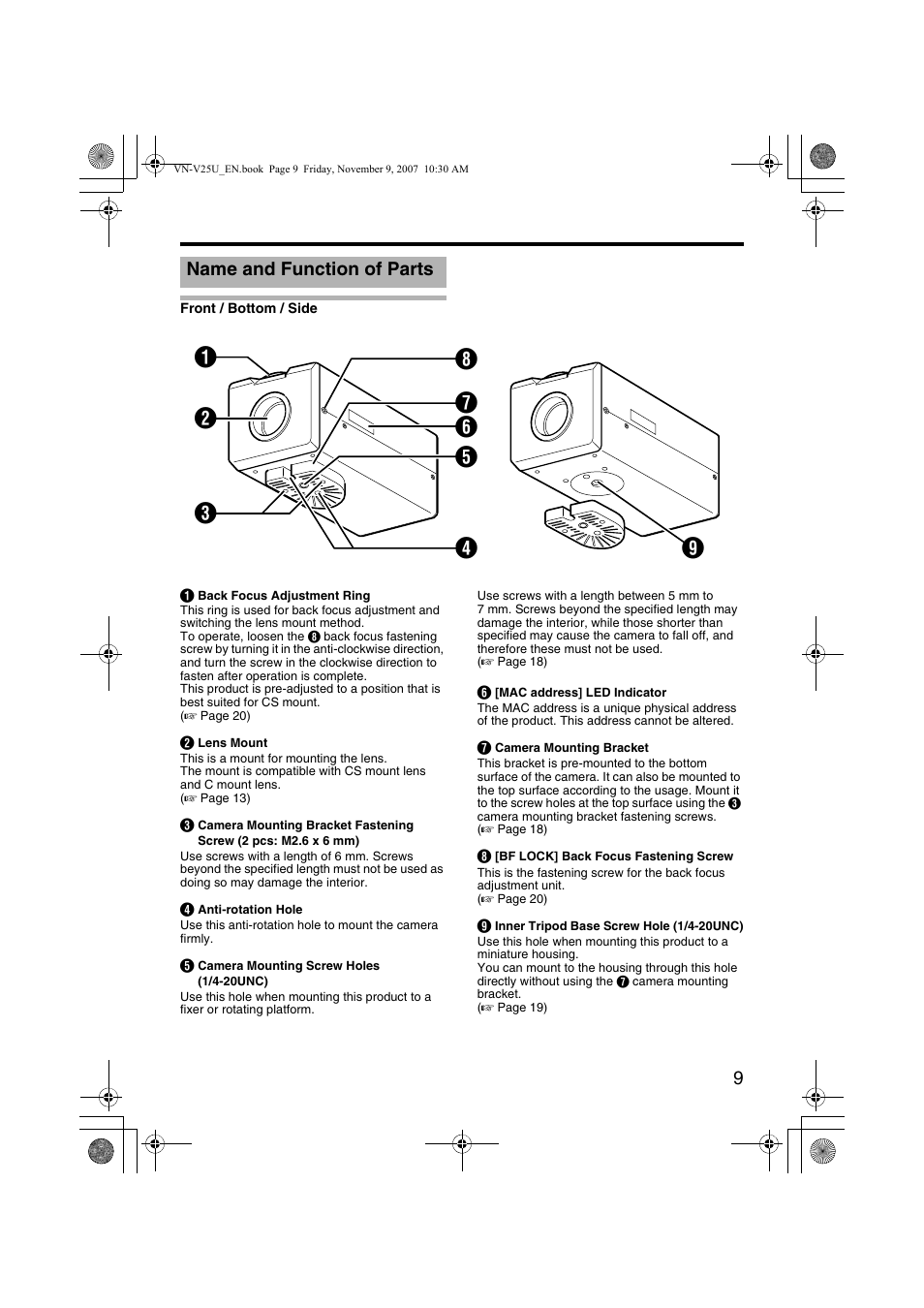 Name and function of parts, Front / bottom / side | JVC VN-V25U User Manual | Page 9 / 40