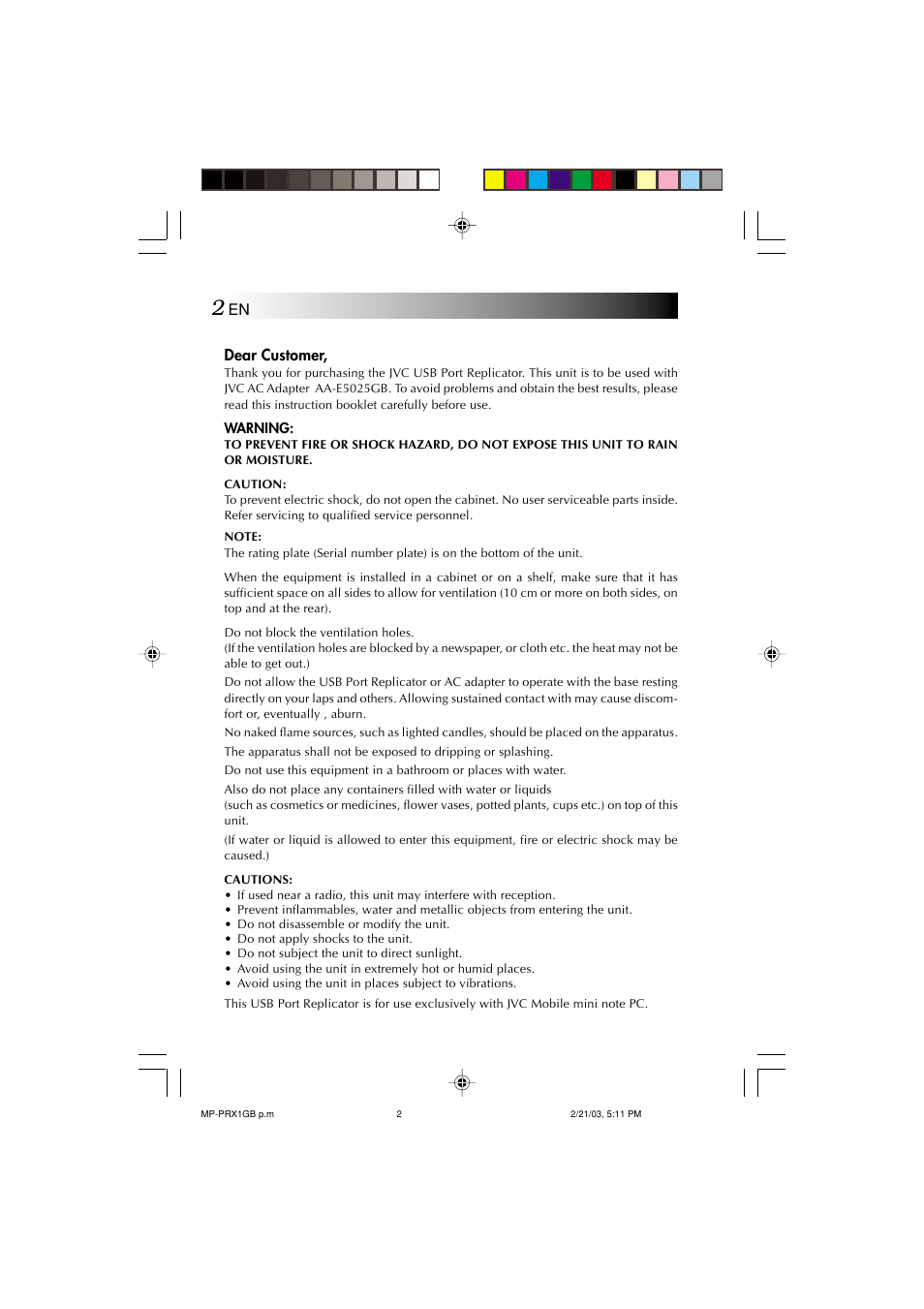 Warning | JVC MP-XP7230GB User Manual | Page 109 / 126