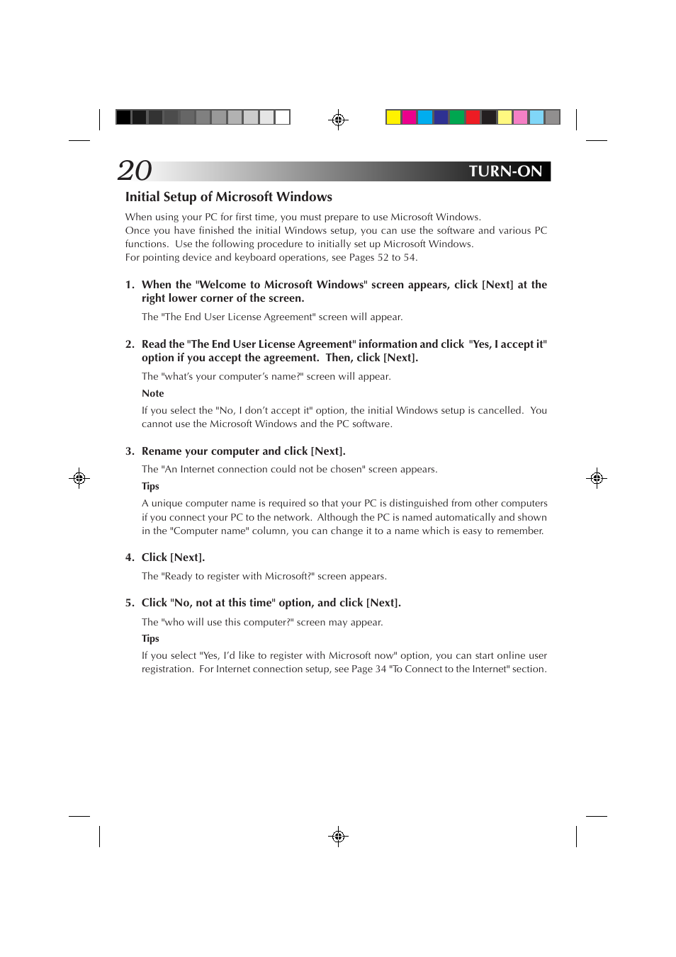 Turn-on, Initial setup of microsoft windows | JVC MP-XP7230GB User Manual | Page 20 / 126