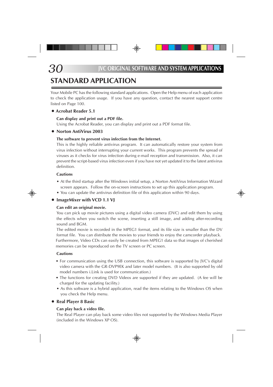 Standard application, Jvc original software and system applications | JVC MP-XP7230GB User Manual | Page 30 / 126