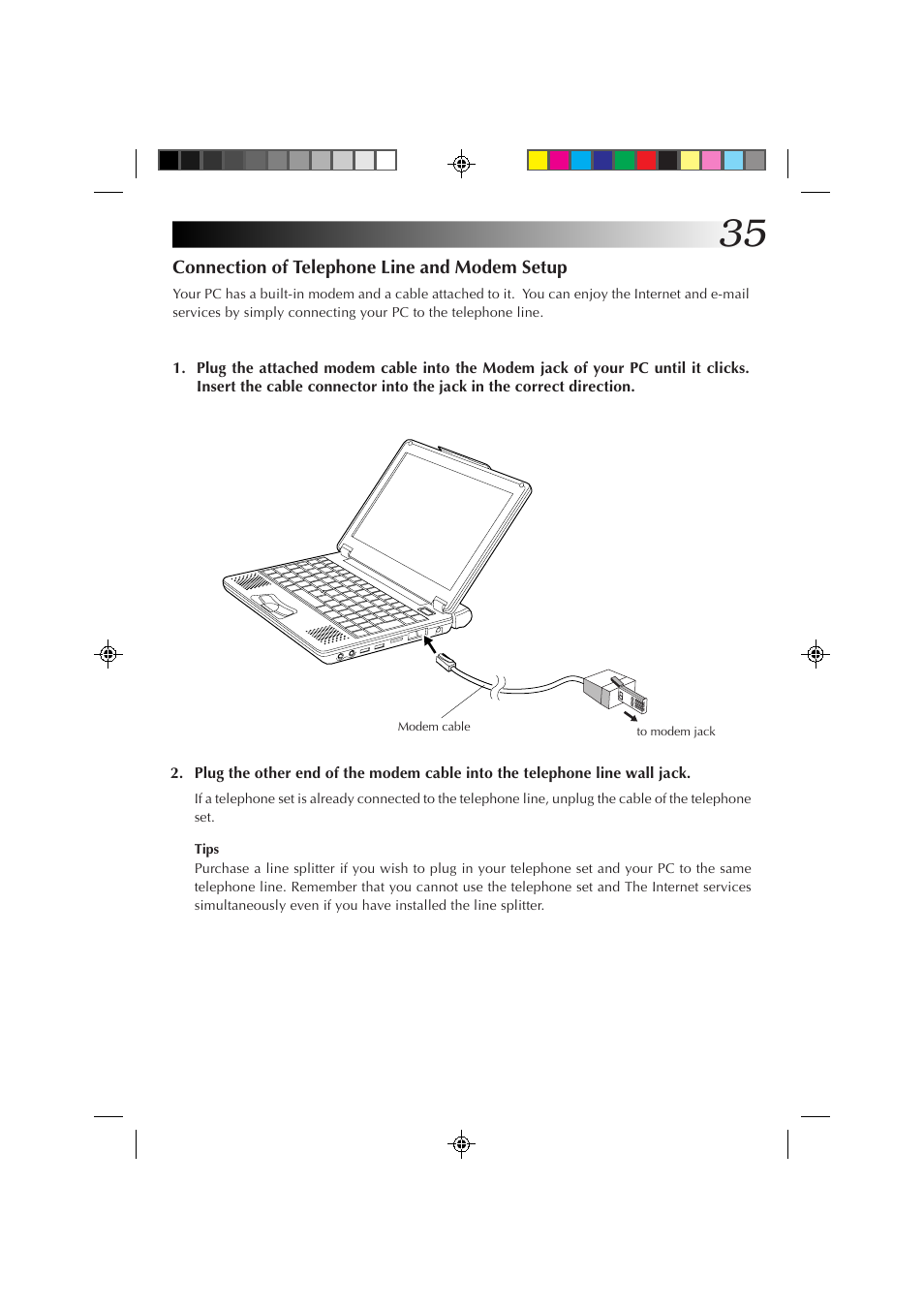 Connection of telephone line and modem setup | JVC MP-XP7230GB User Manual | Page 35 / 126