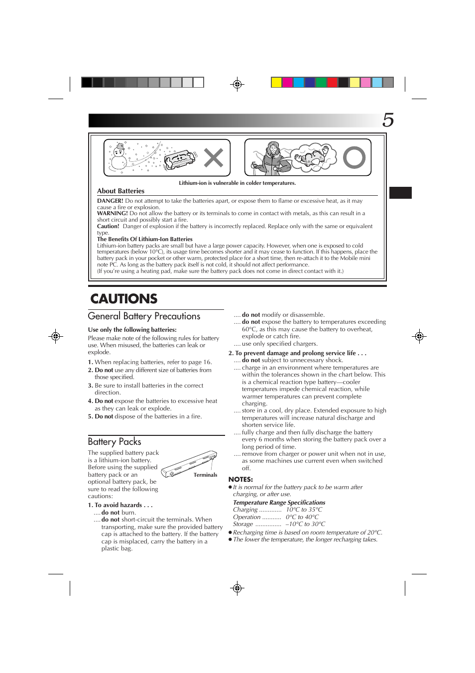 Cautions, General battery precautions, Battery packs | JVC MP-XP7230GB User Manual | Page 5 / 126