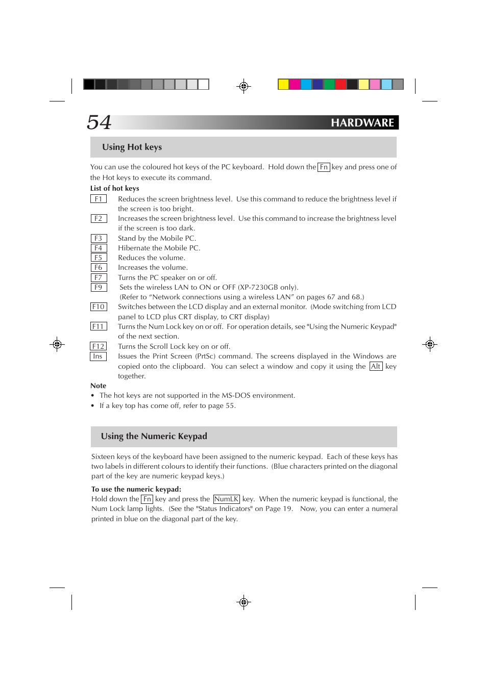 Using hot keys, Using the numeric keypad, Hardware | JVC MP-XP7230GB User Manual | Page 54 / 126
