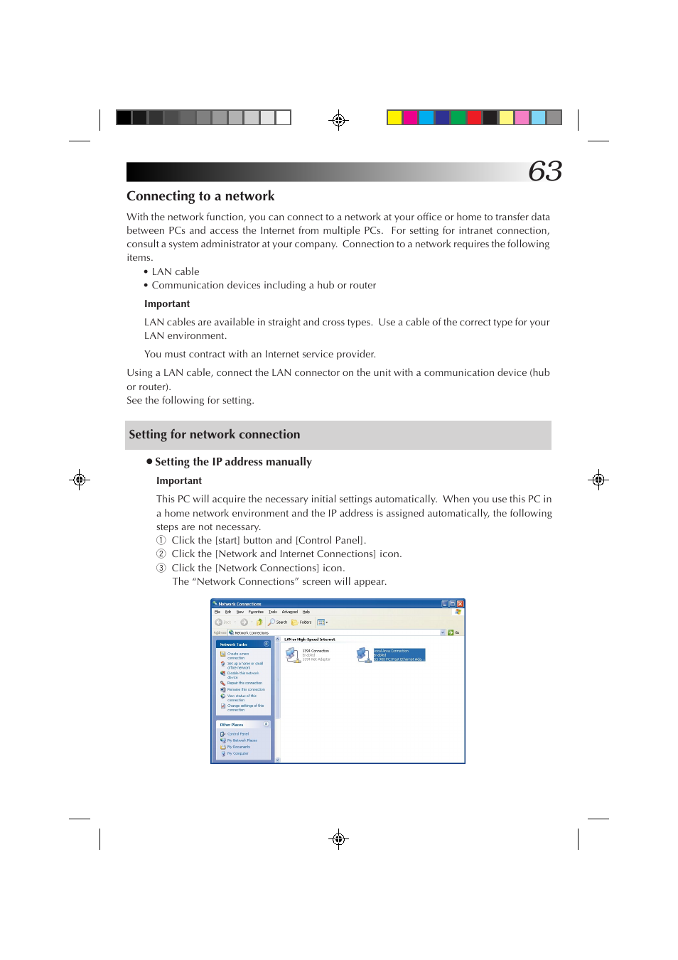 Setting for network connection, Connecting to a network | JVC MP-XP7230GB User Manual | Page 63 / 126