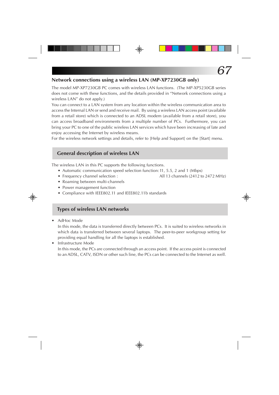 General description of wireless lan, Types of wireless lan networks | JVC MP-XP7230GB User Manual | Page 67 / 126