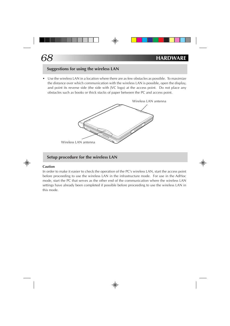 Suggestions for using the wireless lan, Setup procedure for the wireless lan, Hardware | JVC MP-XP7230GB User Manual | Page 68 / 126