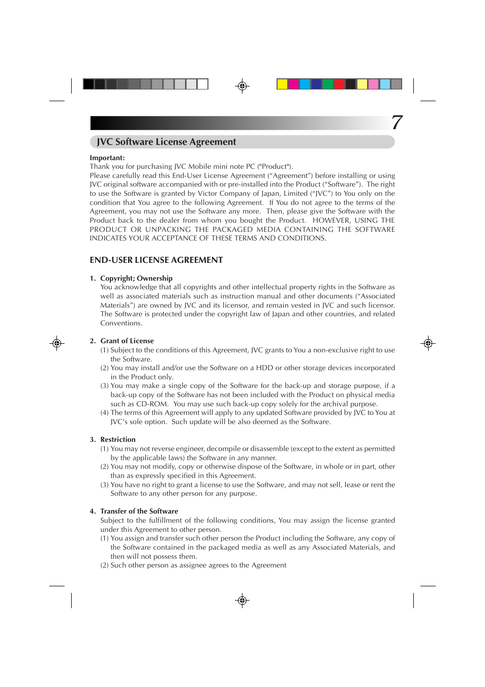 Jvc software license agreement | JVC MP-XP7230GB User Manual | Page 7 / 126