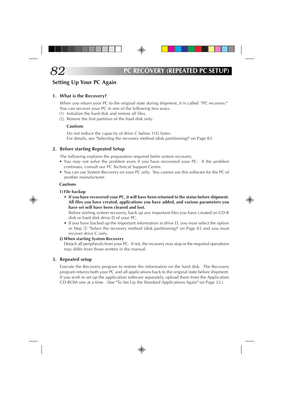 Pc recovery (repeated pc setup), Setting up your pc again | JVC MP-XP7230GB User Manual | Page 82 / 126