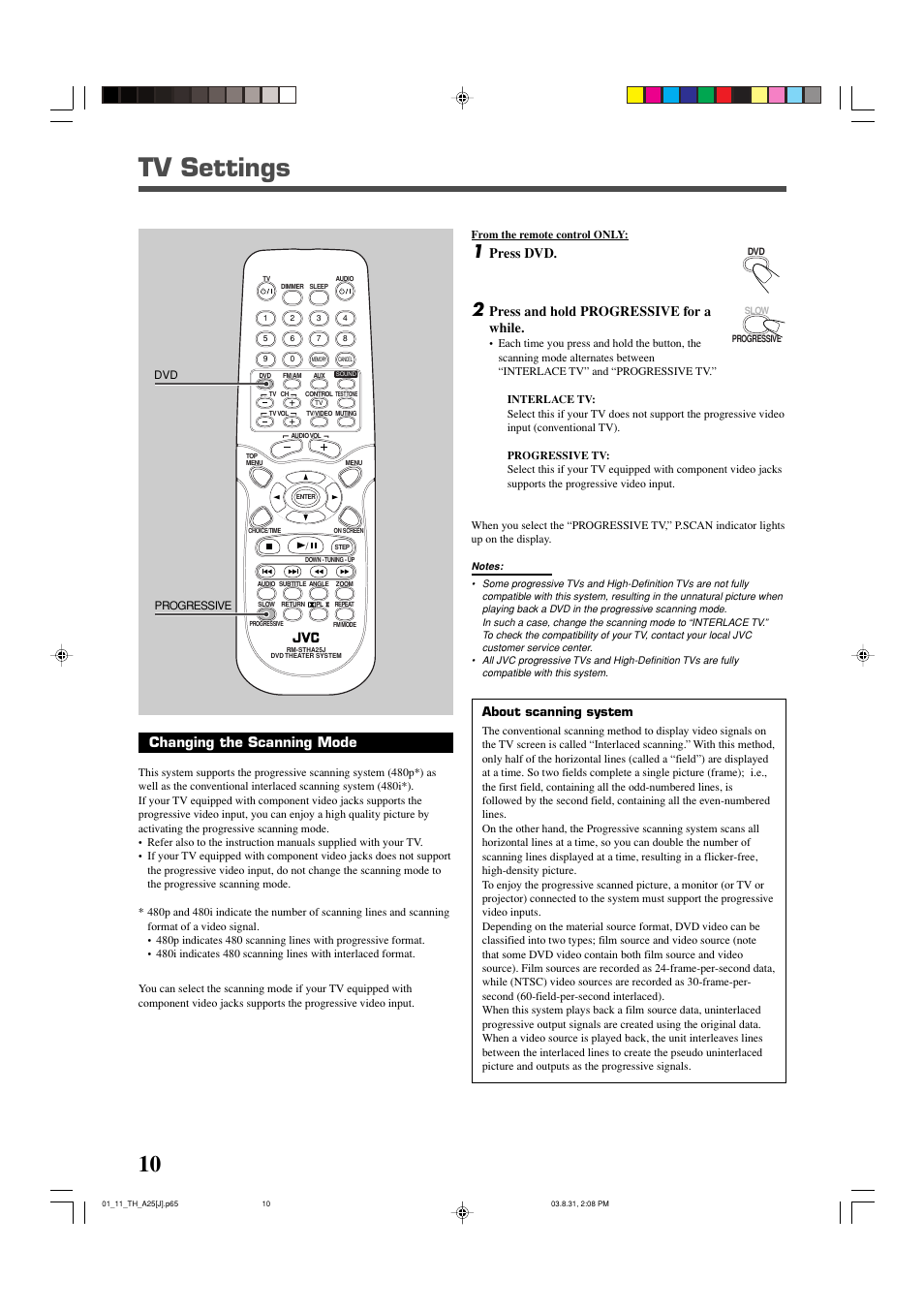 Tv settings, Changing the scanning mode, Press dvd | Press and hold progressive for a while, About scanning system | JVC TH-A25 User Manual | Page 12 / 48