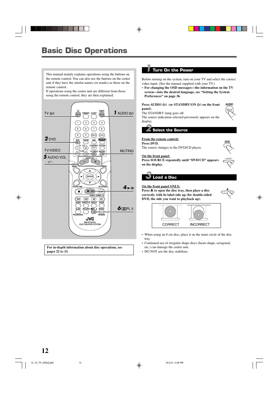 Basic disc operations, Turn on the power, Load a | JVC TH-A25 User Manual | Page 14 / 48