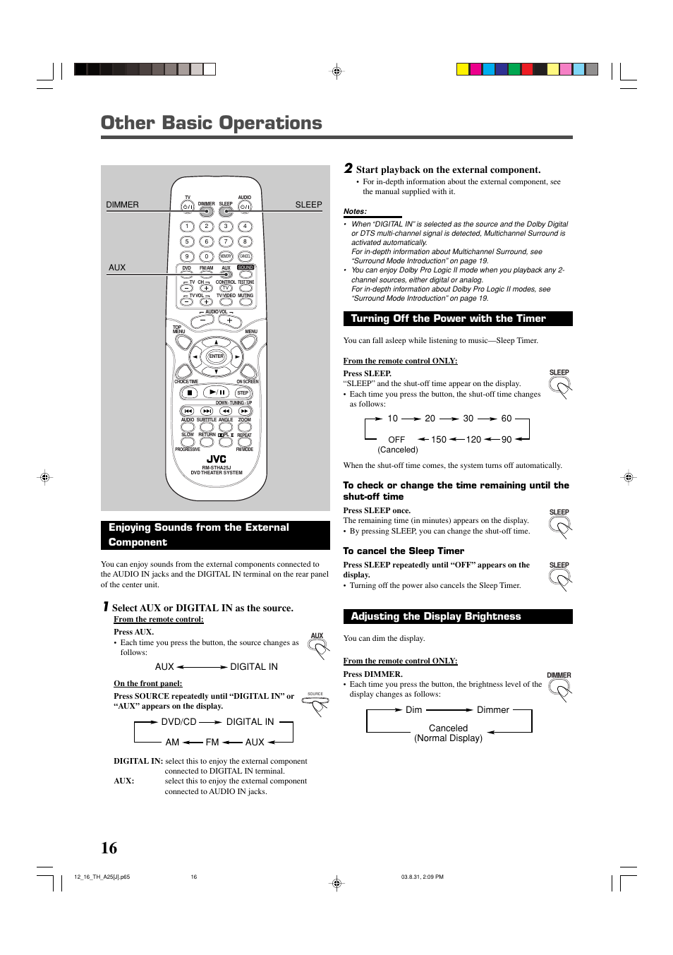 Other basic operations, Start playback on the external component, Turning off the power with the timer | Adjusting the display brightness, Enjoying sounds from the external component, Select aux or digital in as the source | JVC TH-A25 User Manual | Page 18 / 48