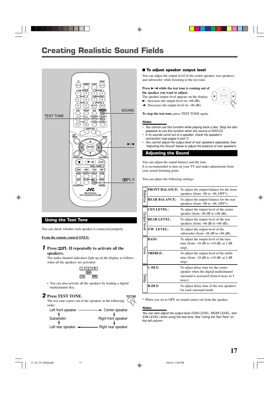 Creating realistic sound fields, Using the test tone, Press test tone | Adjusting the sound | JVC TH-A25 User Manual | Page 19 / 48