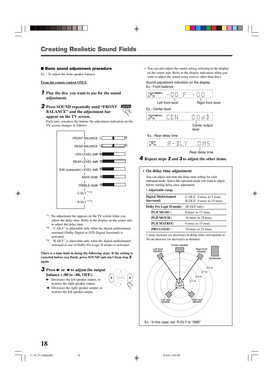 Creating realistic sound fields, Repeat steps 2 and 3 to adjust the other items, On delay time adjustment | JVC TH-A25 User Manual | Page 20 / 48