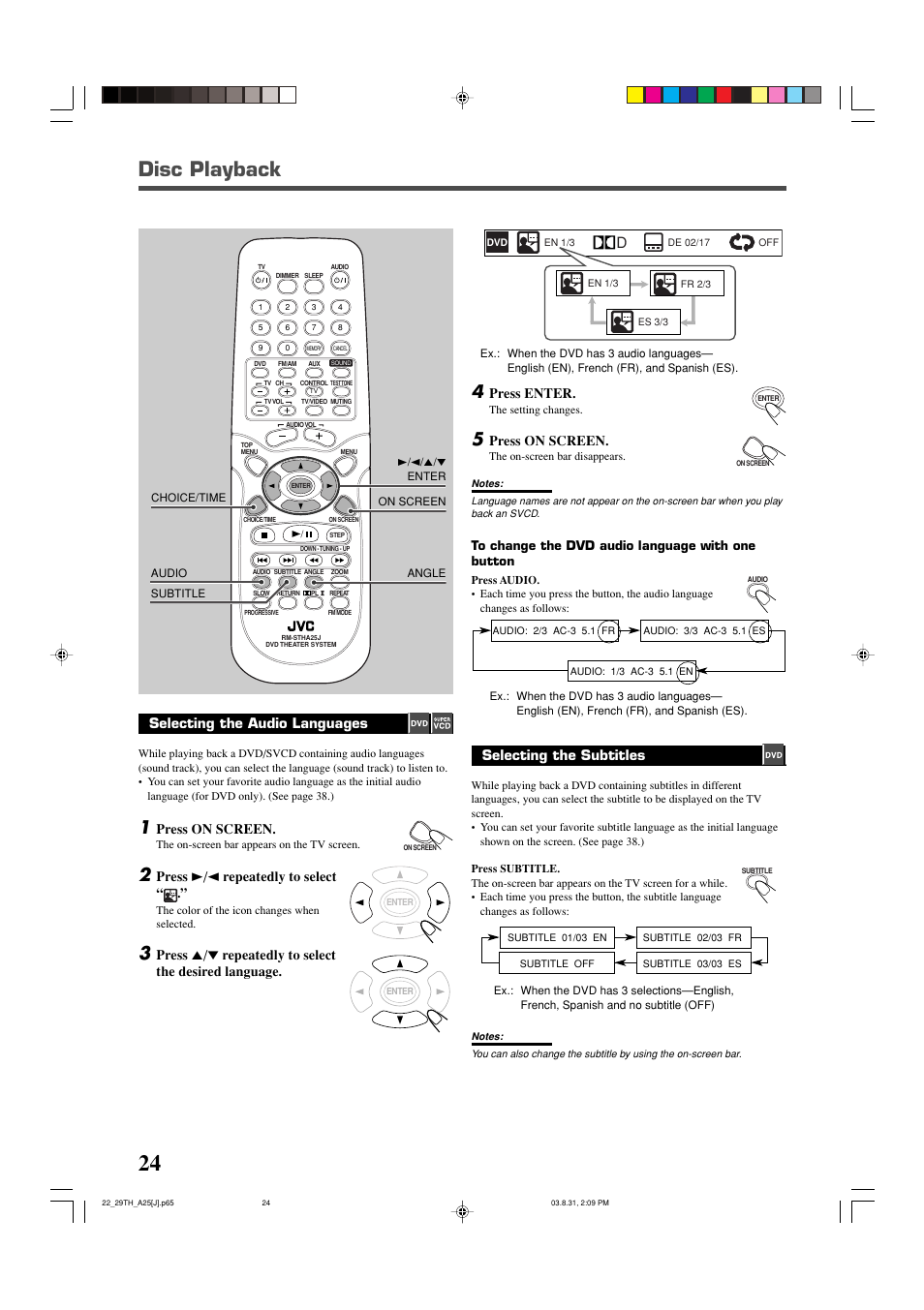 Disc playback, Selecting the audio languages, Press on screen | Press 3/2 repeatedly to select, Selecting the subtitles, Press enter | JVC TH-A25 User Manual | Page 26 / 48